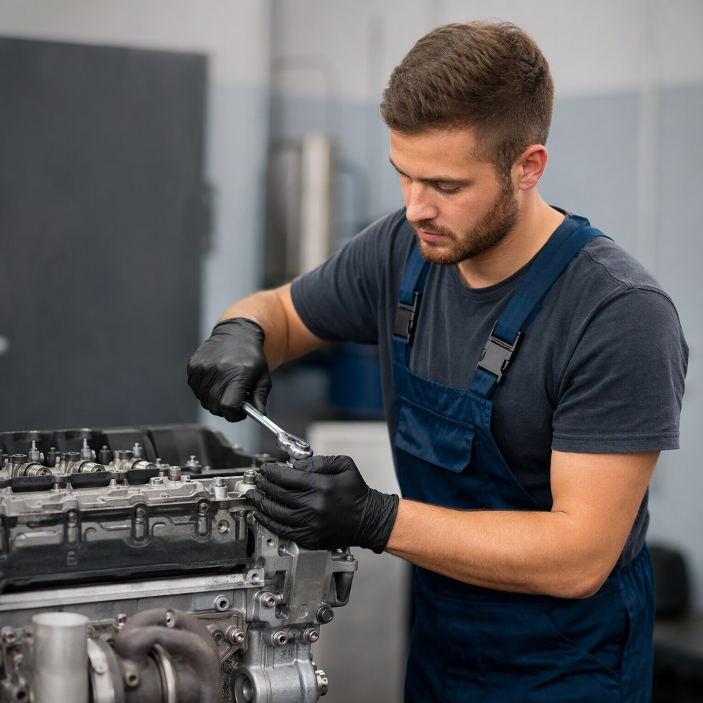 Mechanik dotahuje šroub na motoru v dílně